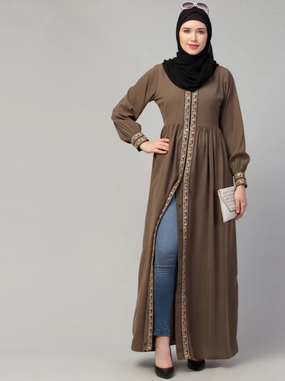 Front Open Maxi Pintucks Abaya with Lace Work