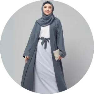 a woman wearing a White Inner abaya with grey upper Shrug Abaya