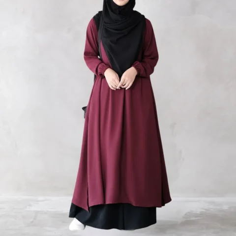 Muslim Closet Two Pieces Abaya Dress with Elasticated Sleeves Maroon