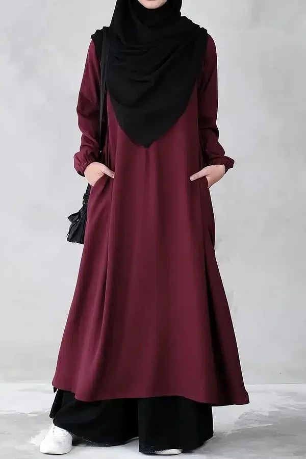 Muslim Closet Two Pieces Abaya Dress with Elasticated Sleeves Maroon