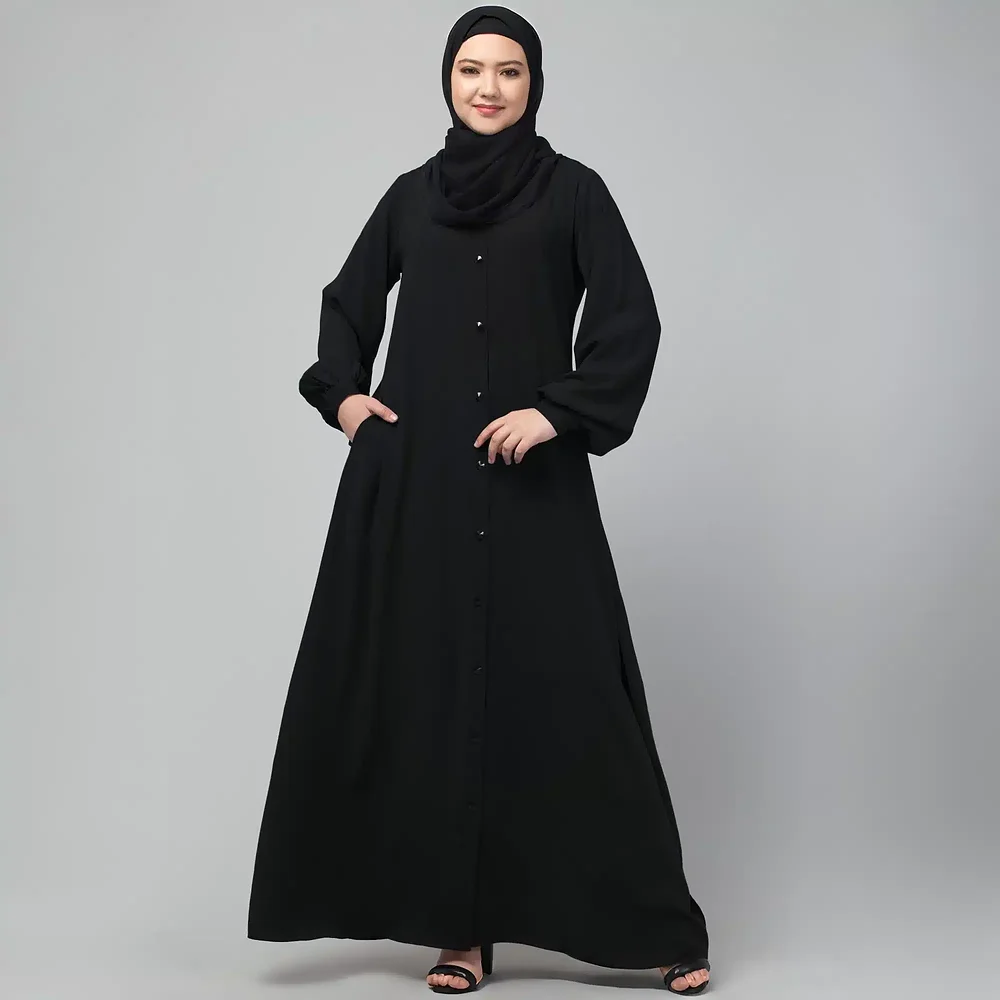 front open abaya plain Black abaya burqa with cuff sleeves and buttons