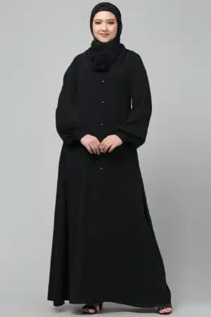 front open abaya plain Black abaya burqa with cuff sleeves and buttons