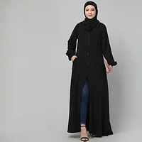 front open abaya plain Black abaya burqa with cuff sleeves and buttons