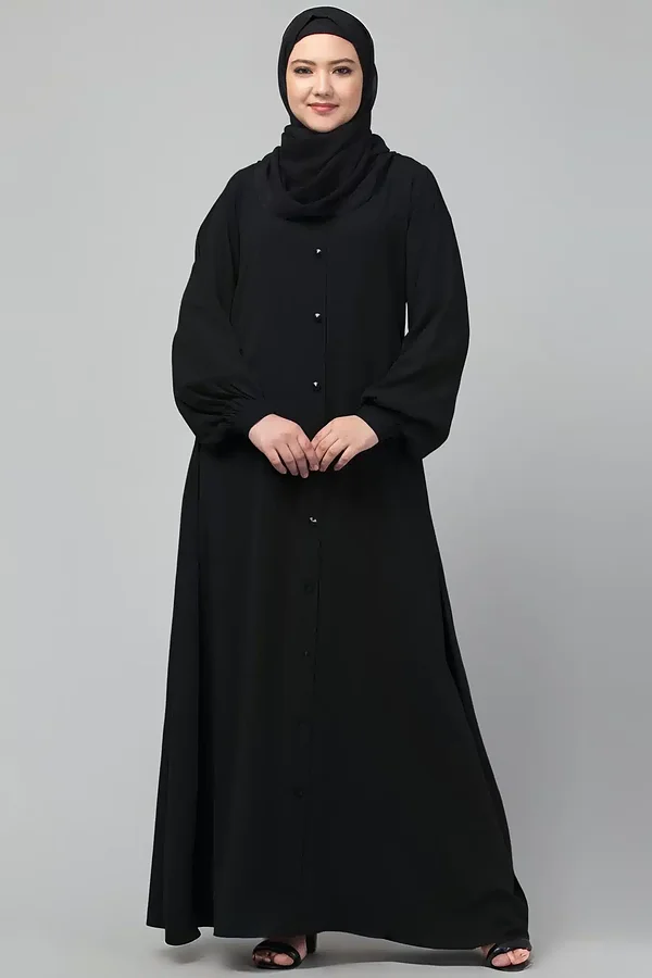 front open abaya plain Black abaya burqa with cuff sleeves and buttons