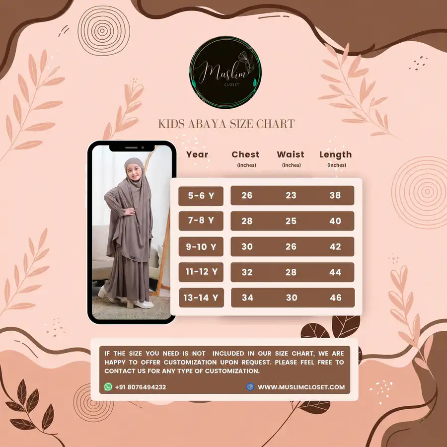 Kids abaya size chart Kimono abaya for kids size chart for girls 5 to 14 years with chest, waist and length in inches