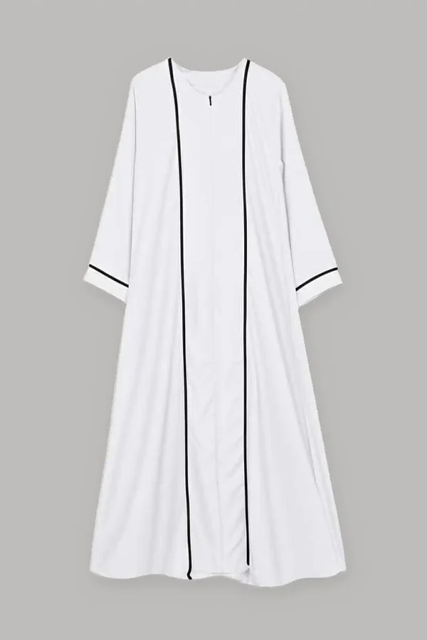 Front zip kids abaya for girls, Yumna A-line abaya in Nida with contrast piping down the front