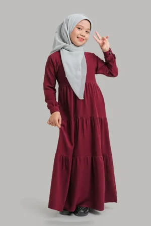 Maroon frill abaya for girls, Amira tiered Aline frock abaya in soft Nida fabric with grey hijab