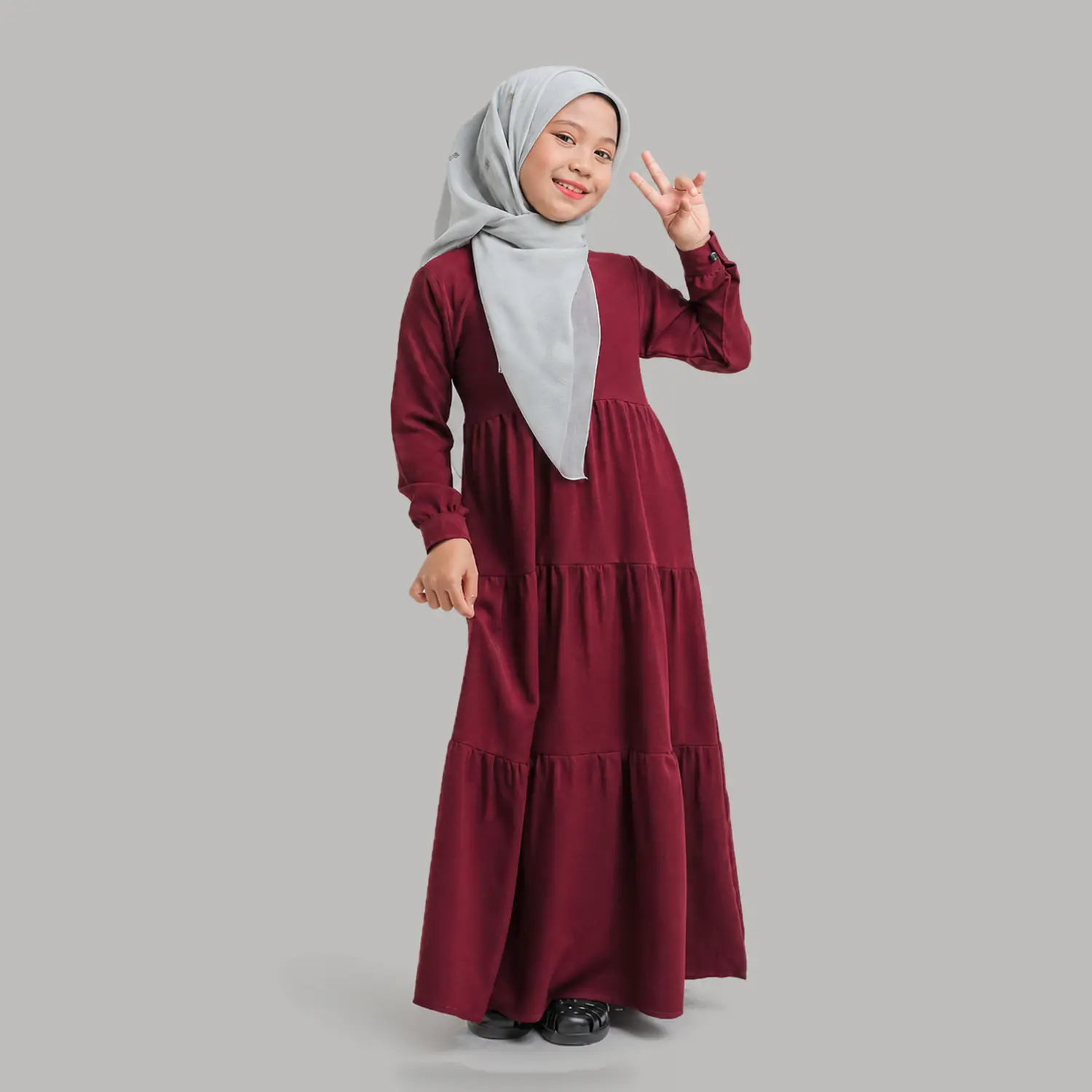 Maroon frill abaya for girls, Amira tiered Aline frock abaya in soft Nida fabric with grey hijab