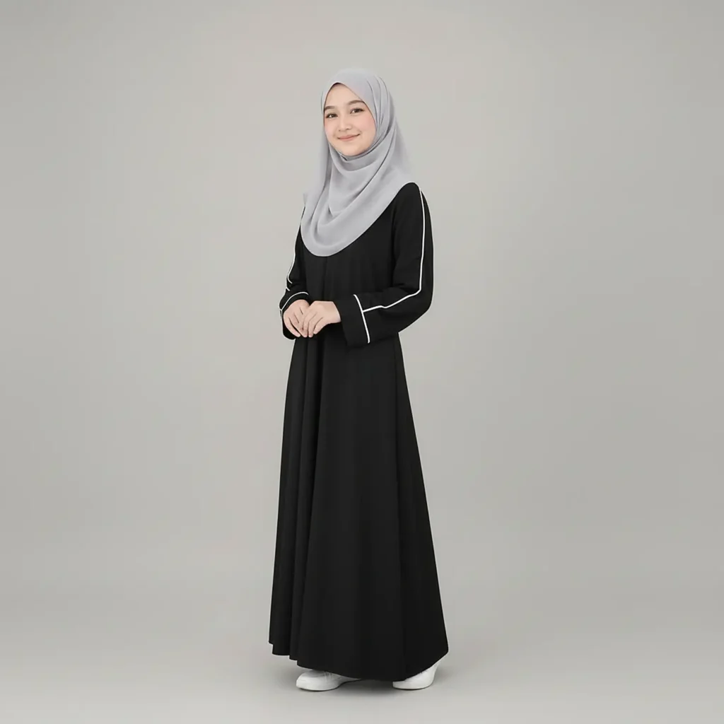 Black Abaya for Girls full length front view Black Abaya for Girls full length front view