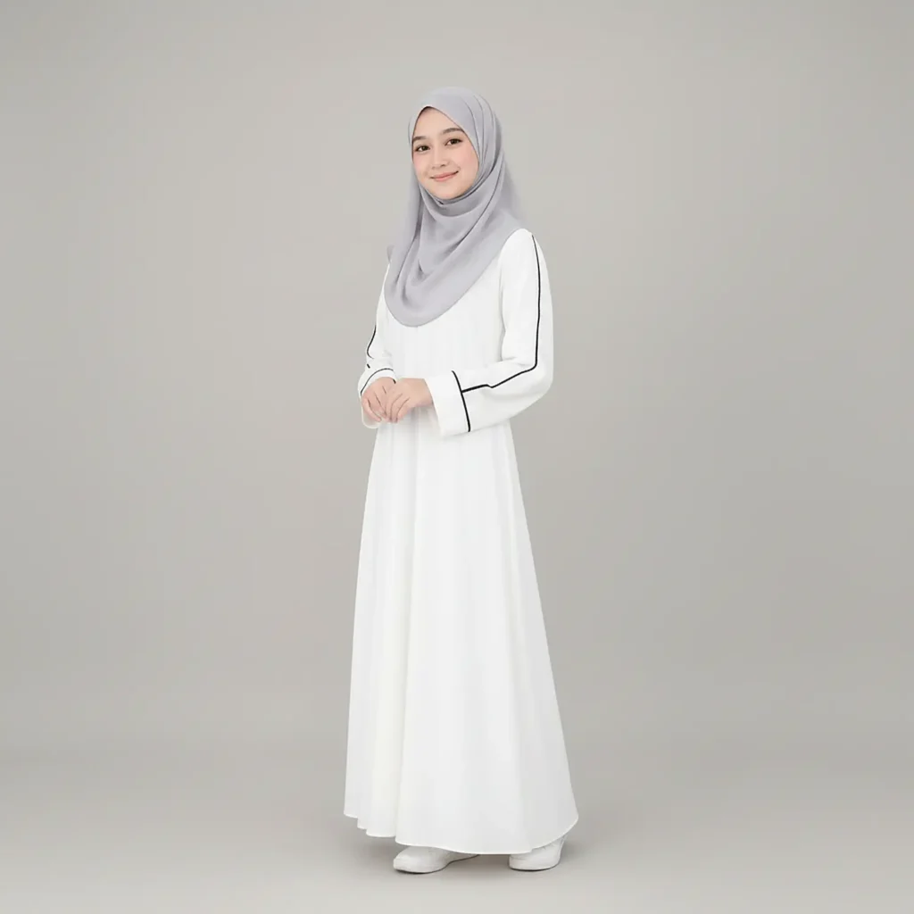 White Abaya for Girls full length front view White Abaya for Girls full length front view