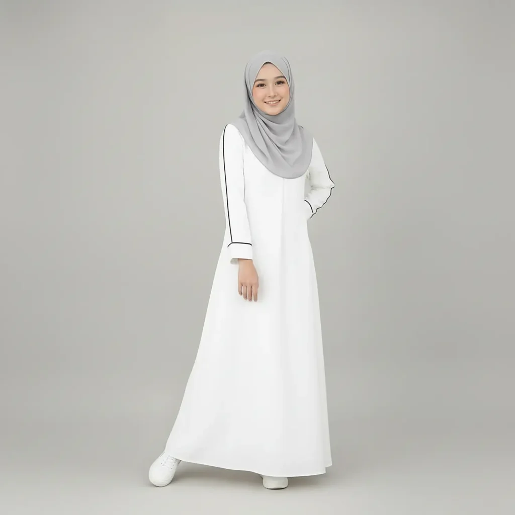 White Abaya for Girls styling and drape detail White Abaya for Girls styling and drape detail