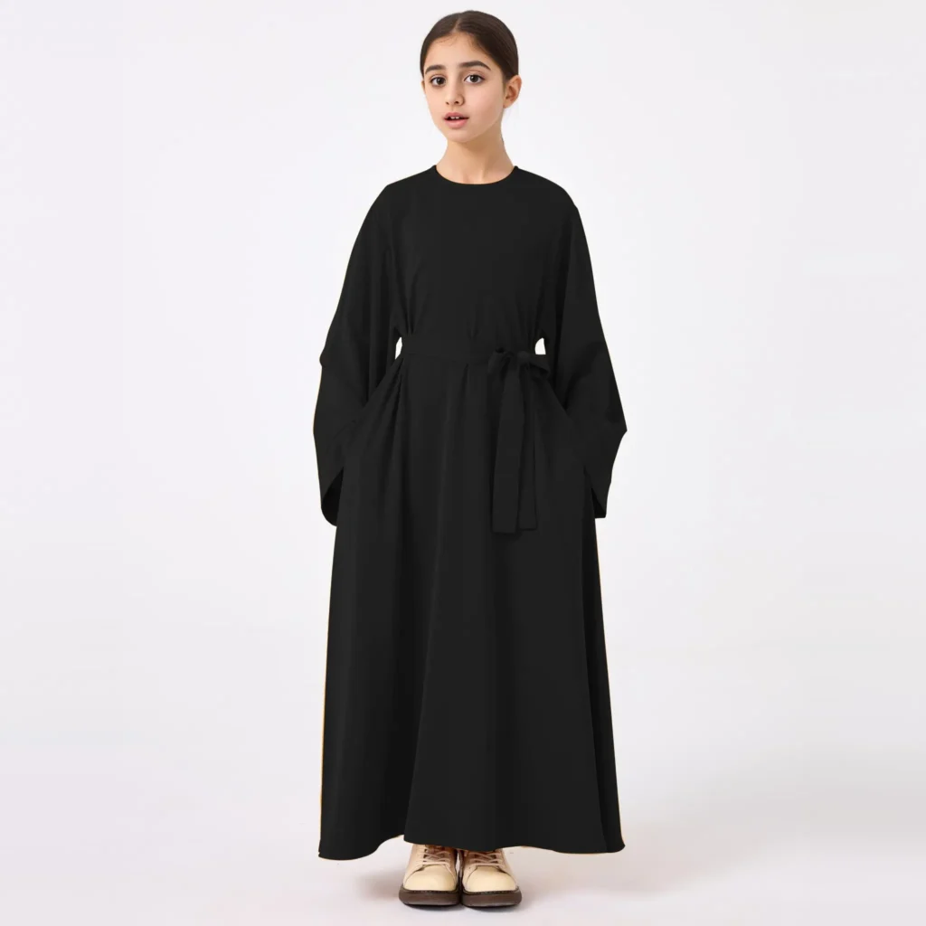 Black Kids Abaya with Belt full length front view Black Kids Abaya with Belt full length front view