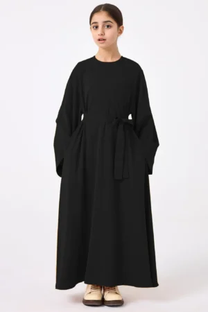 Black Kids Abaya with Belt - full length front view
