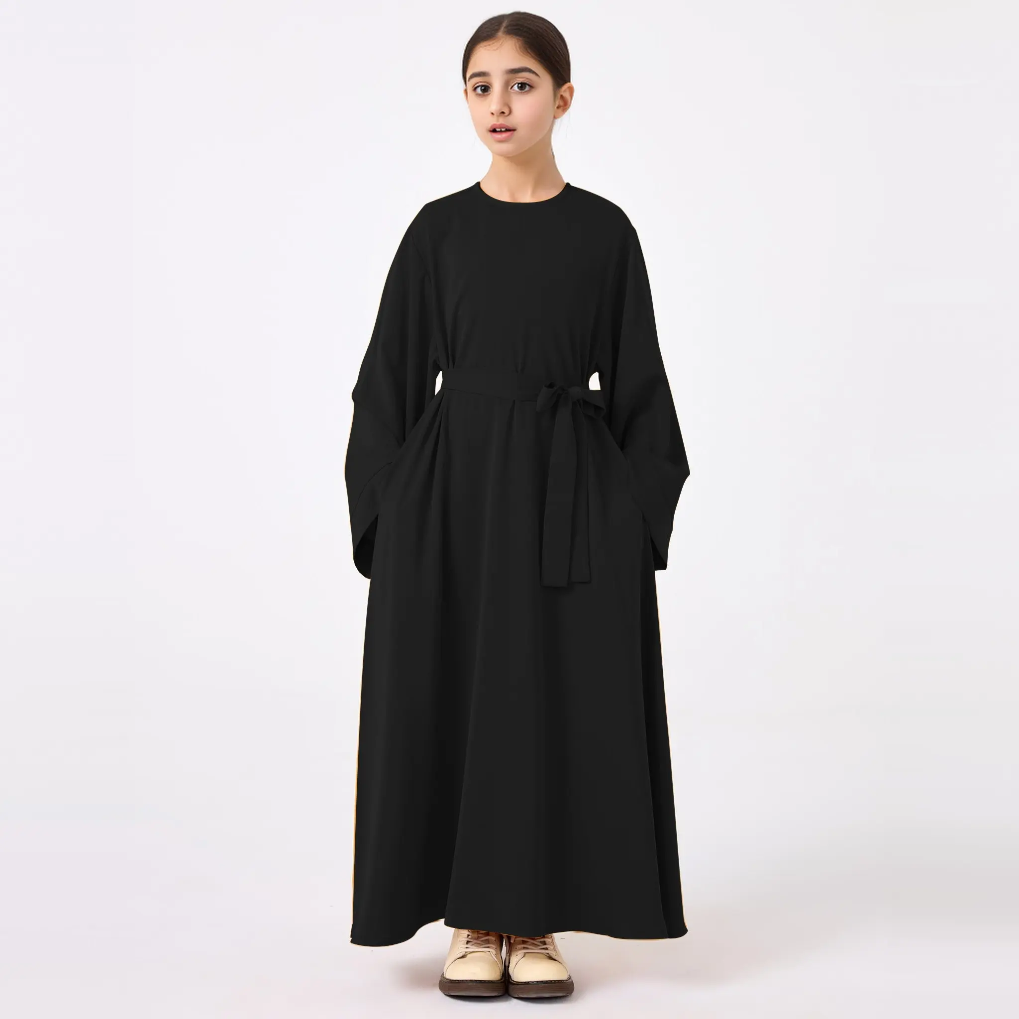Black Kids Abaya with Belt full length front view