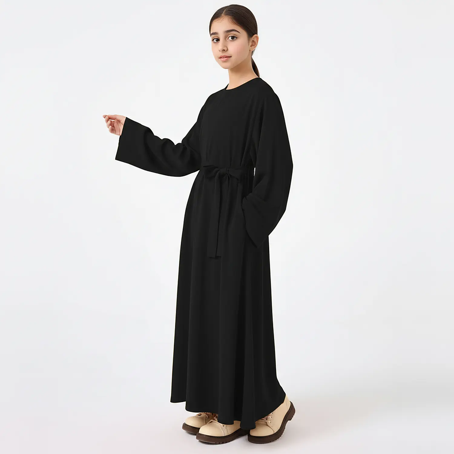 Black Kids Abaya with Belt Nida Matte fabric close up