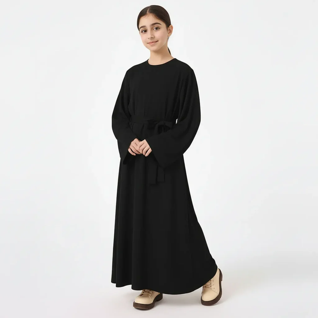 Black Kids Abaya with Belt styling and drape detail Black Kids Abaya with Belt styling and drape detail