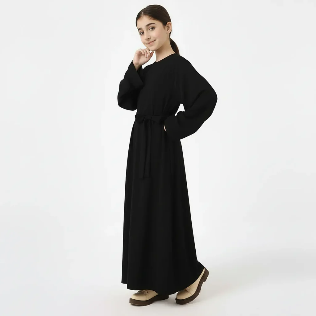 Black Kids Abaya with Belt finished stitching and hem detail Black Kids Abaya with Belt finished stitching and hem detail