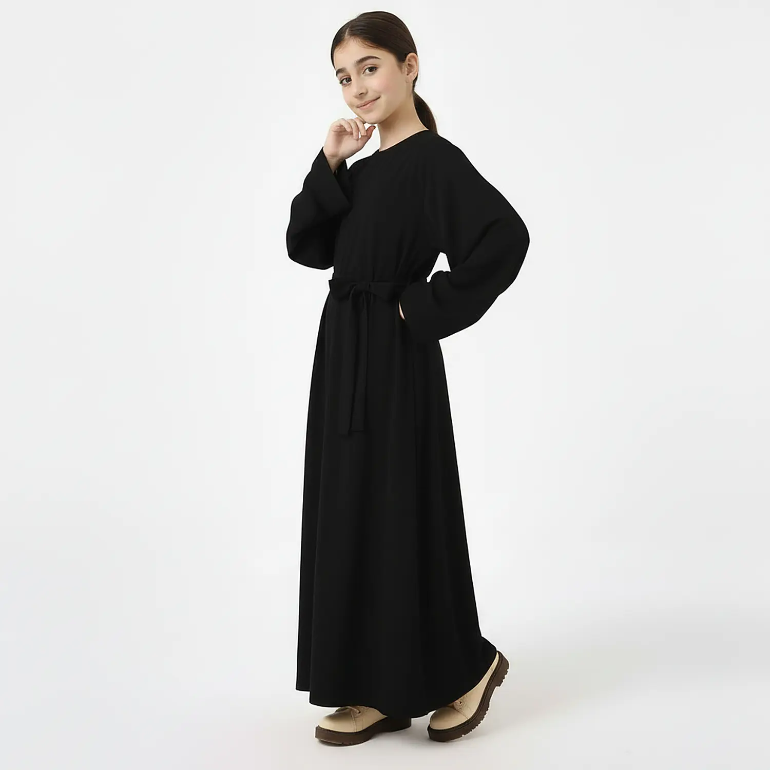 Black Kids Abaya with Belt finished stitching and hem detail