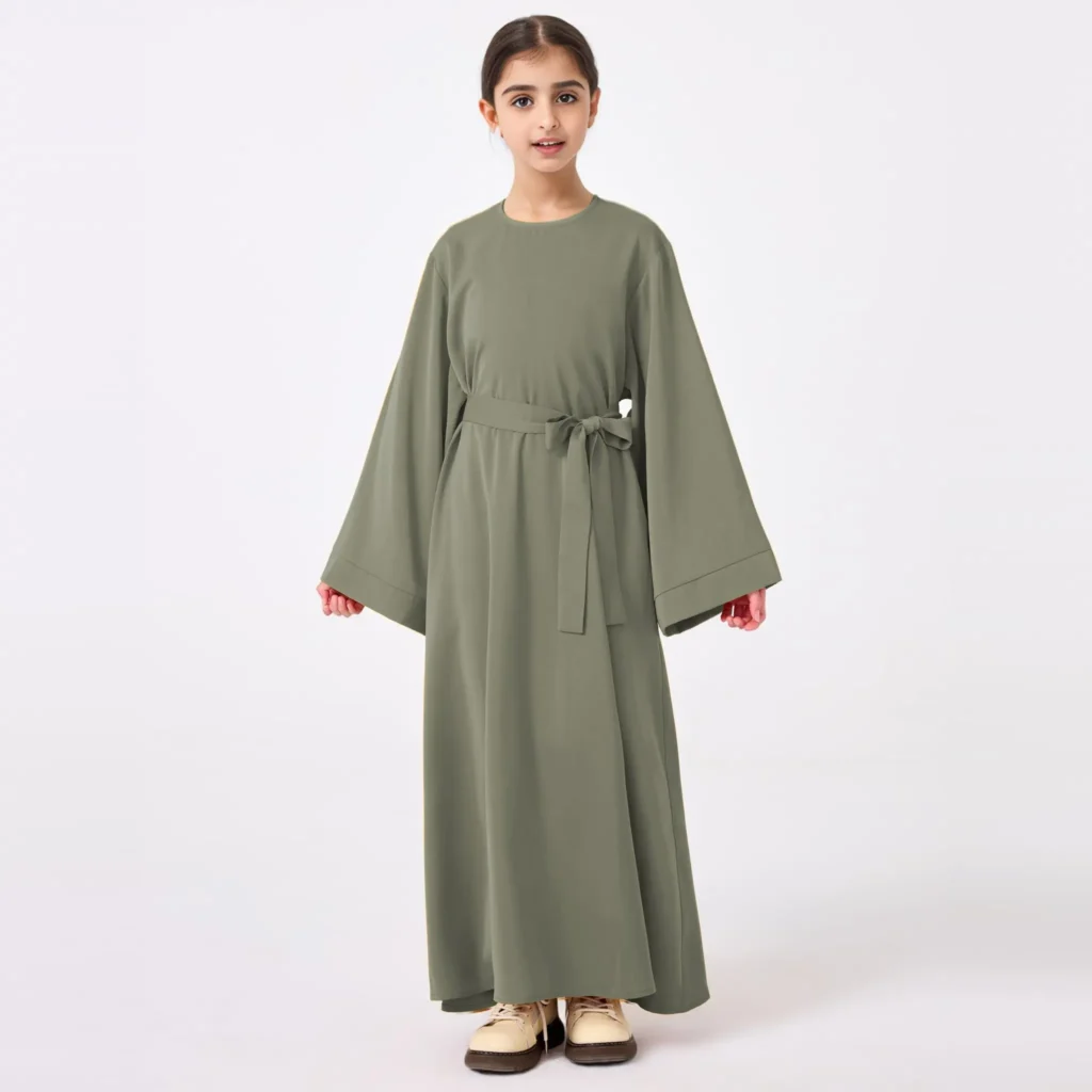 Kids Abaya with Belt full length front view Kids Abaya with Belt full length front view