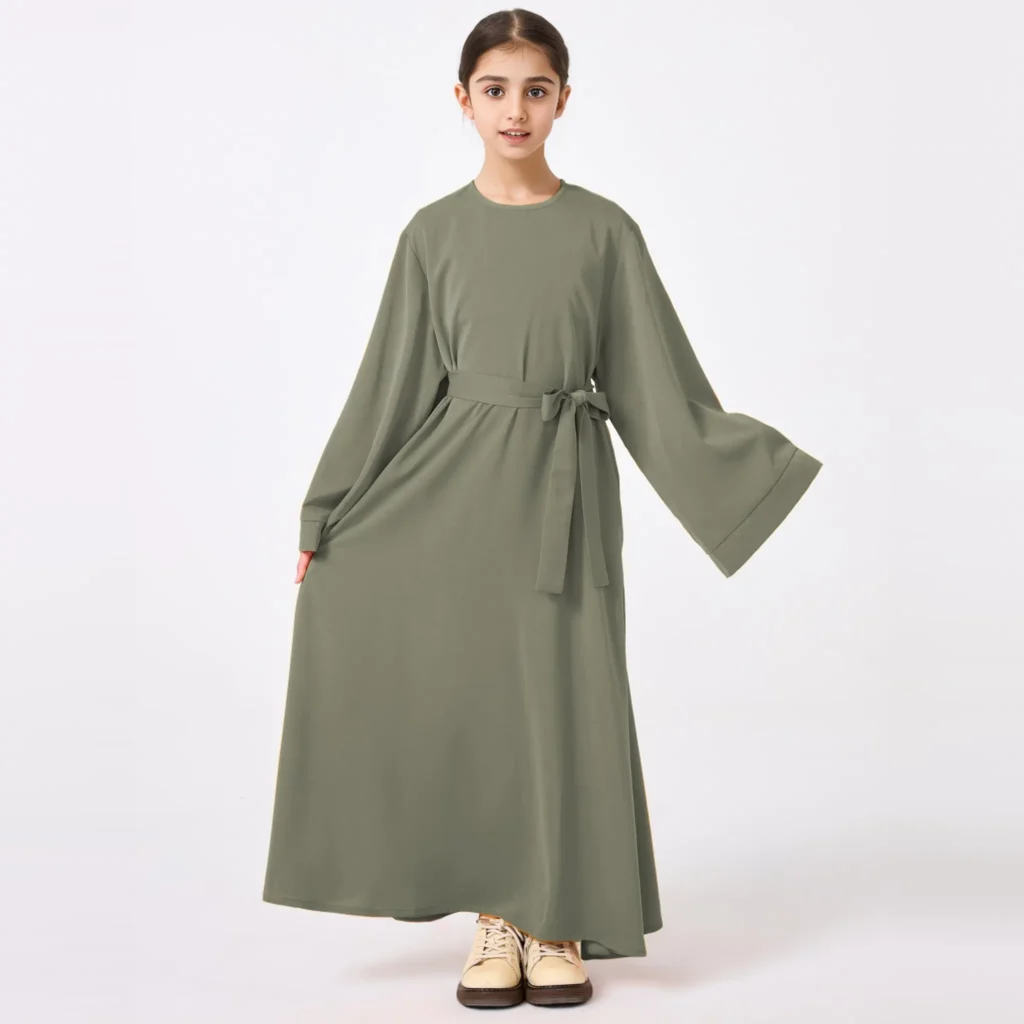 Kids Abaya with Belt Nida Matte fabric close up Kids Abaya with Belt Nida Matte fabric close up