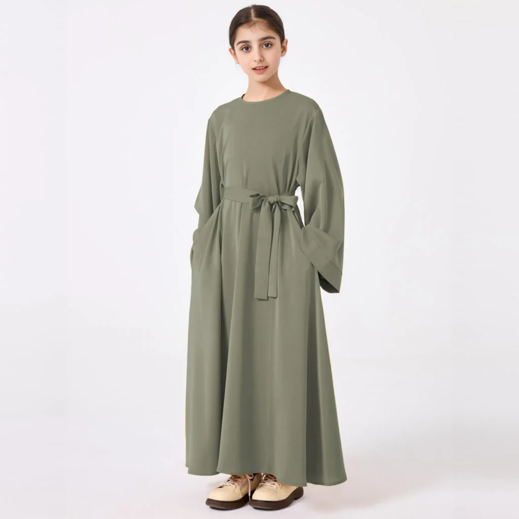 Kids Abaya with Belt finished stitching and hem detail Kids Abaya with Belt finished stitching and hem detail