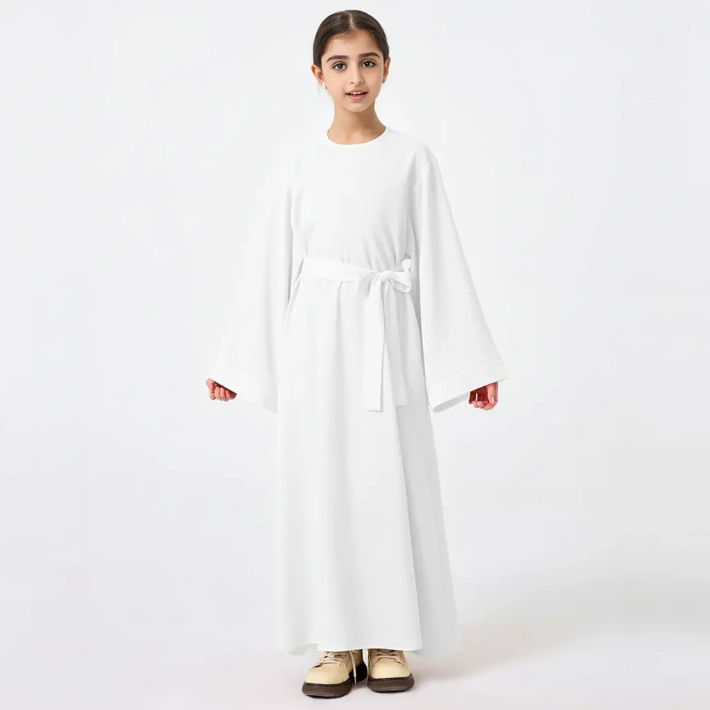 White Kids Abaya with Belt full length front view White Kids Abaya with Belt full length front view