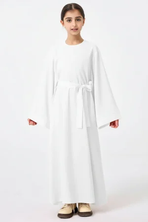 White Kids Abaya with Belt - full length front view