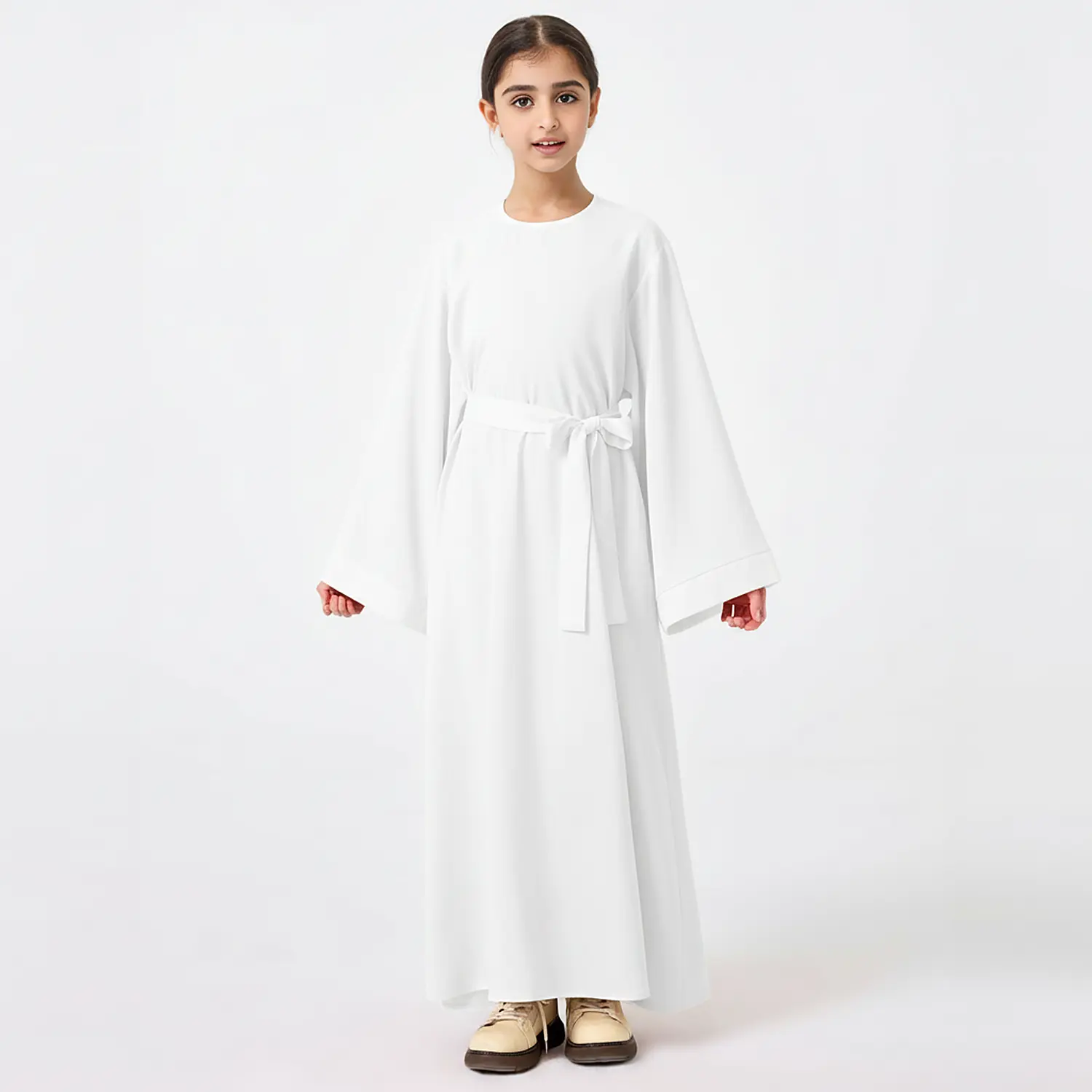 White Kids Abaya with Belt full length front view