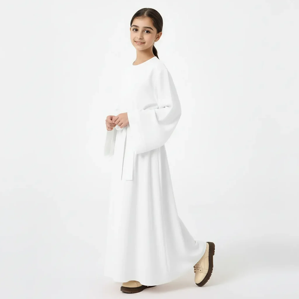 White Kids Abaya with Belt Nida Matte fabric close up White Kids Abaya with Belt Nida Matte fabric close up