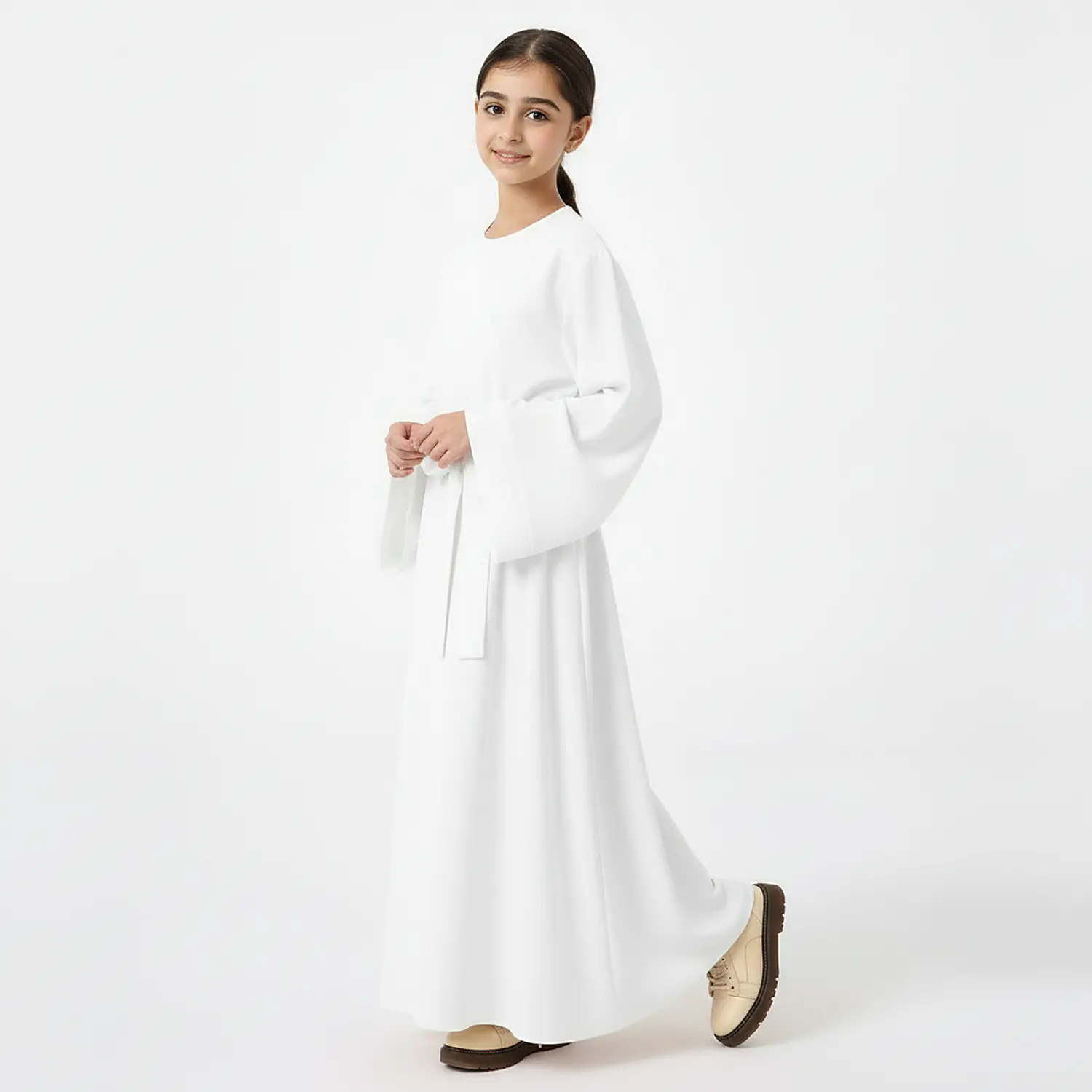 White Kids Abaya with Belt finished stitching and hem detail