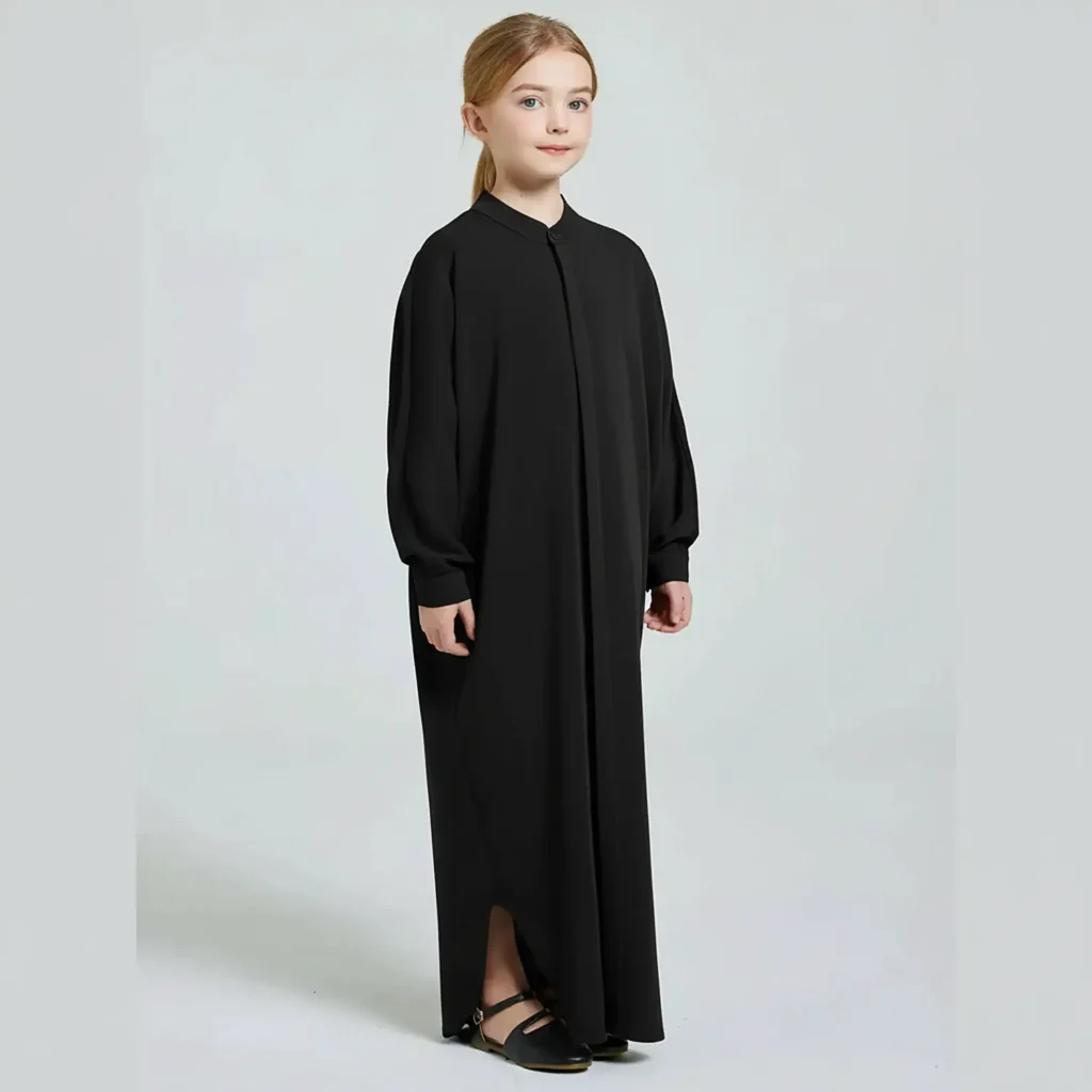 Black Front Open Abaya for Kids full length front view Black Front Open Abaya for Kids full length front view