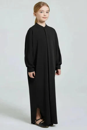 Black Front Open Abaya for Kids - finished stitching and hem detail