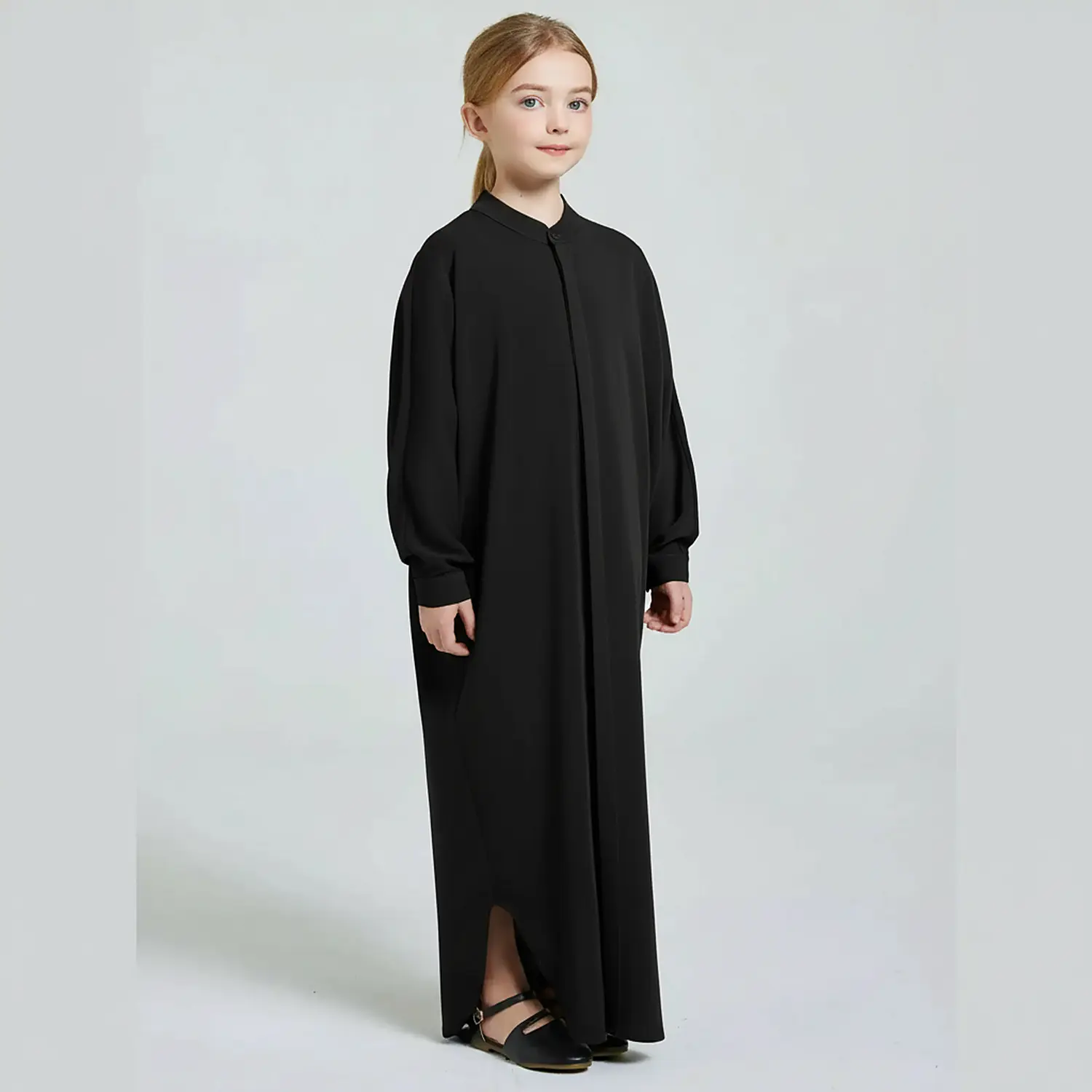 Black Front Open Abaya for Kids finished stitching and hem detail