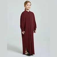 Kids abaya for girls in maroon, Areesha casual front open abaya with collared neck in Nida
