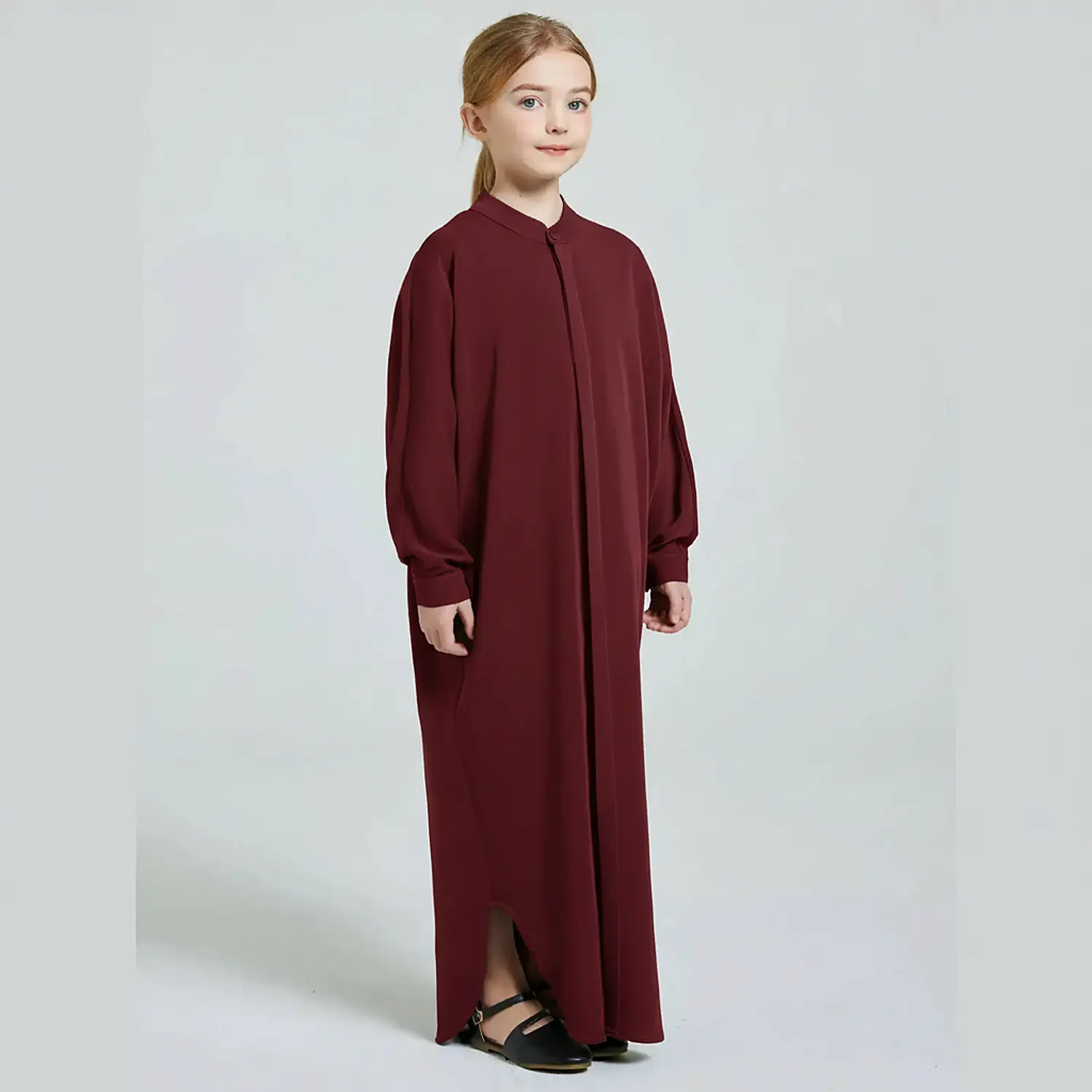 Kids abaya for girls in maroon, Areesha casual front open abaya with collared neck in Nida