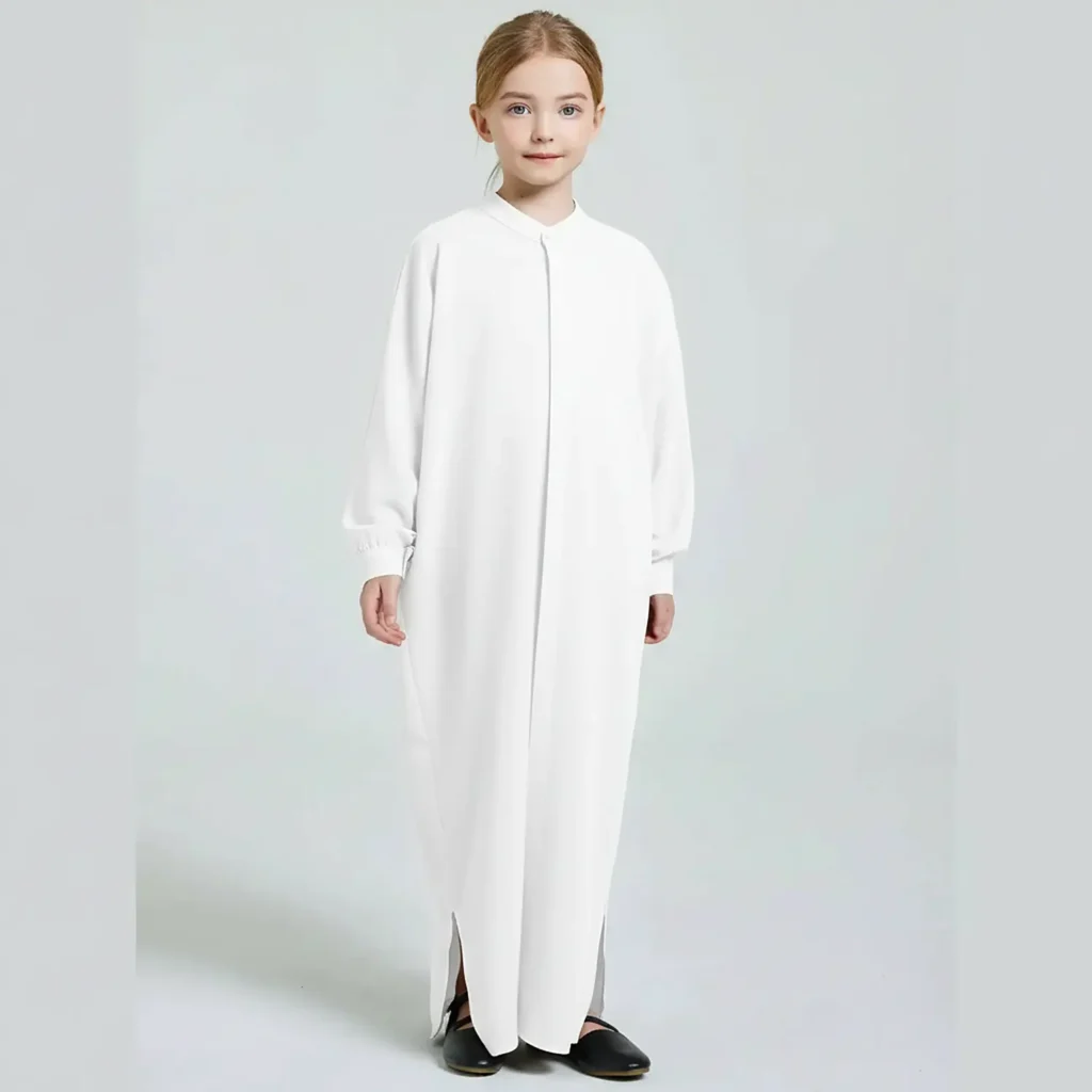 White Front Open Abaya for Kids full length front view White Front Open Abaya for Kids full length front view