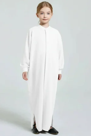 White Front Open Abaya for Kids - full length front view