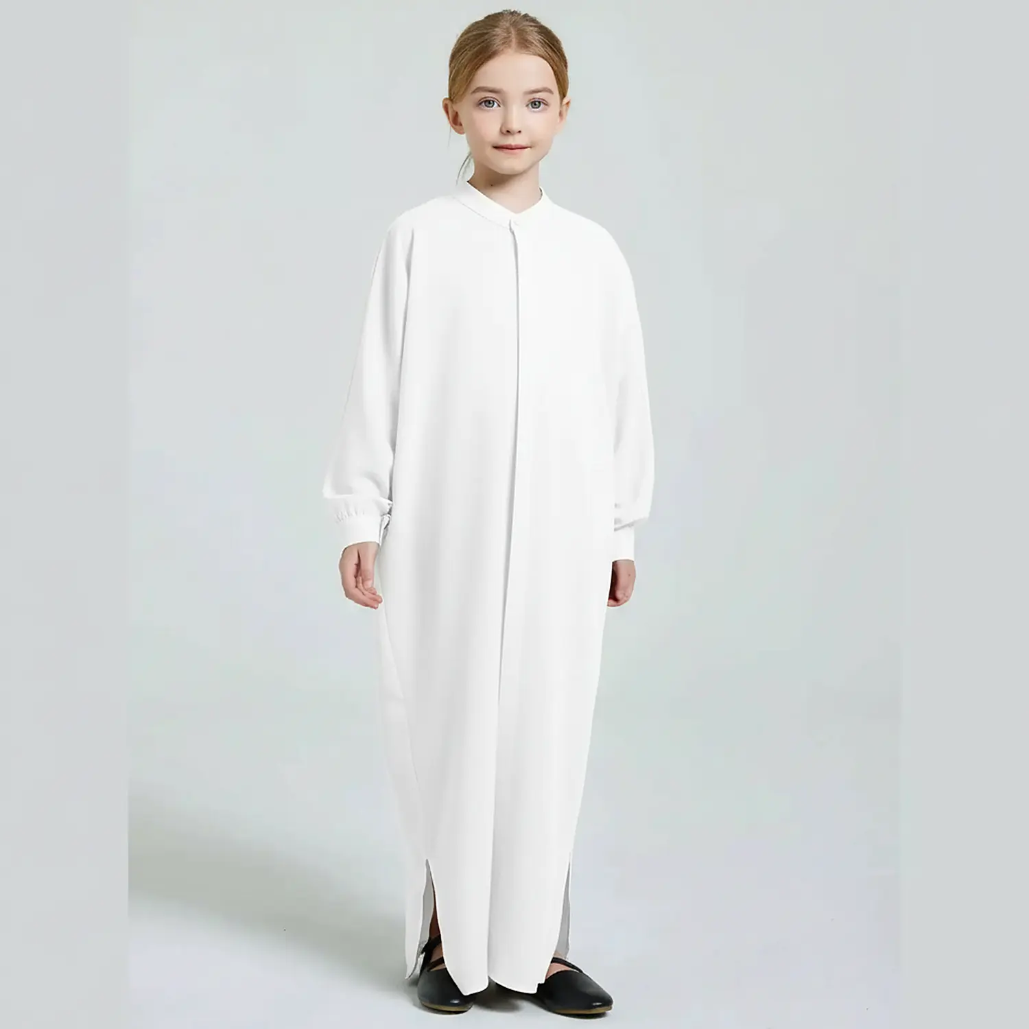 White Front Open Abaya for Kids full length front view