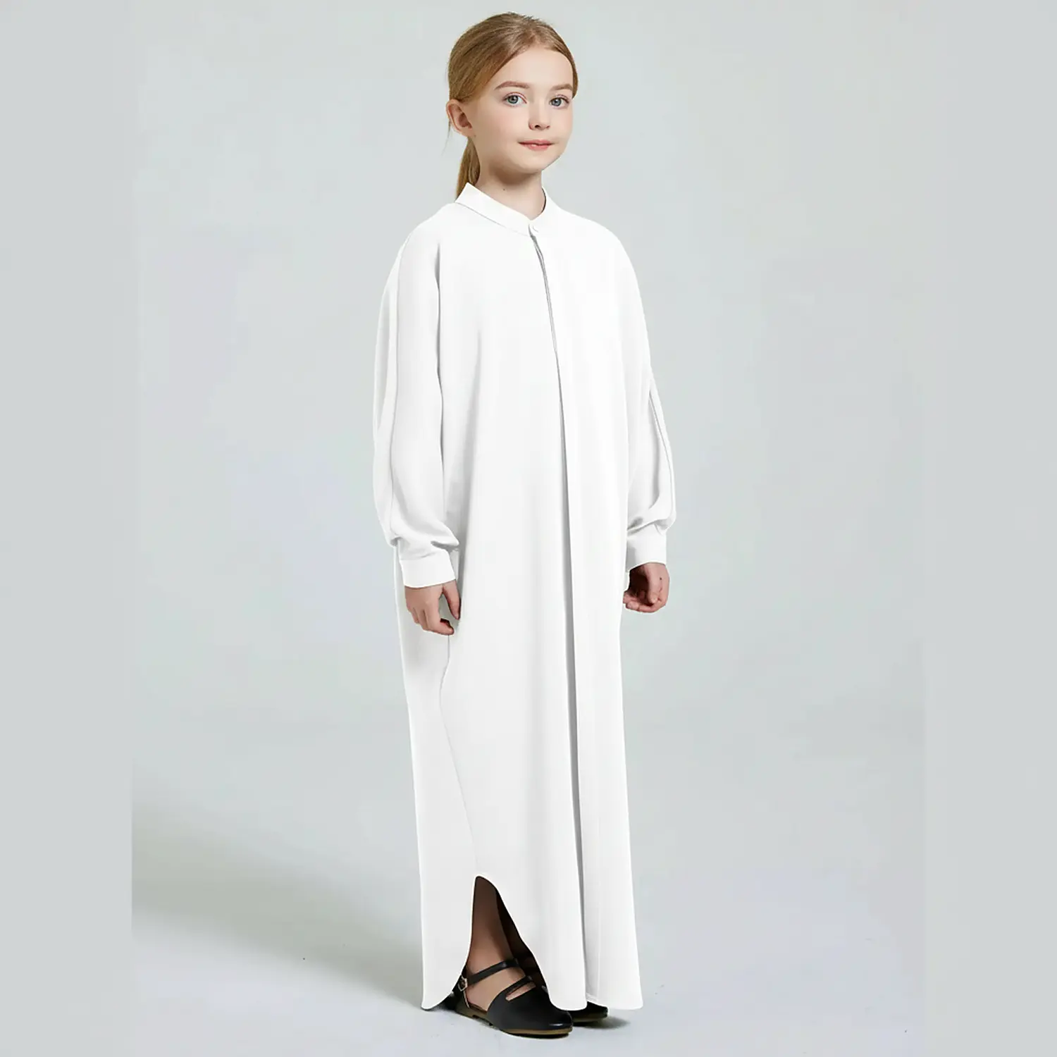 White Front Open Abaya for Kids finished stitching and hem detail