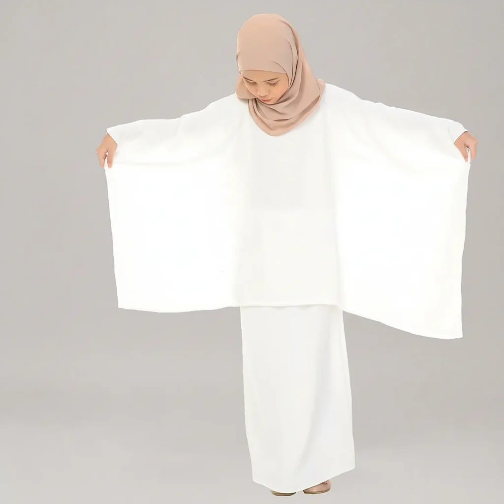 White Kaftan Abaya for Kids full length front view White Kaftan Abaya for Kids full length front view