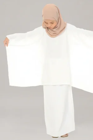 White Kaftan Abaya for Kids - finished stitching and hem detail