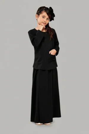 Faizah Black Kids Abaya with Pockets: 2 Piece Top and Skirt Set (5 to 14 Years)