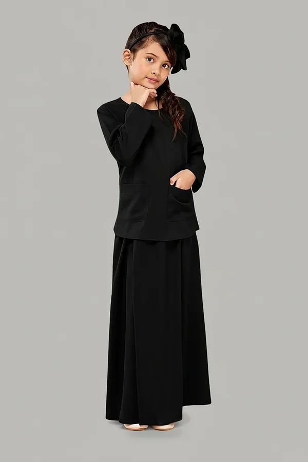 Faizah Black Kids Abaya with Pockets: 2 Piece Top and Skirt Set (5 to 14 Years)