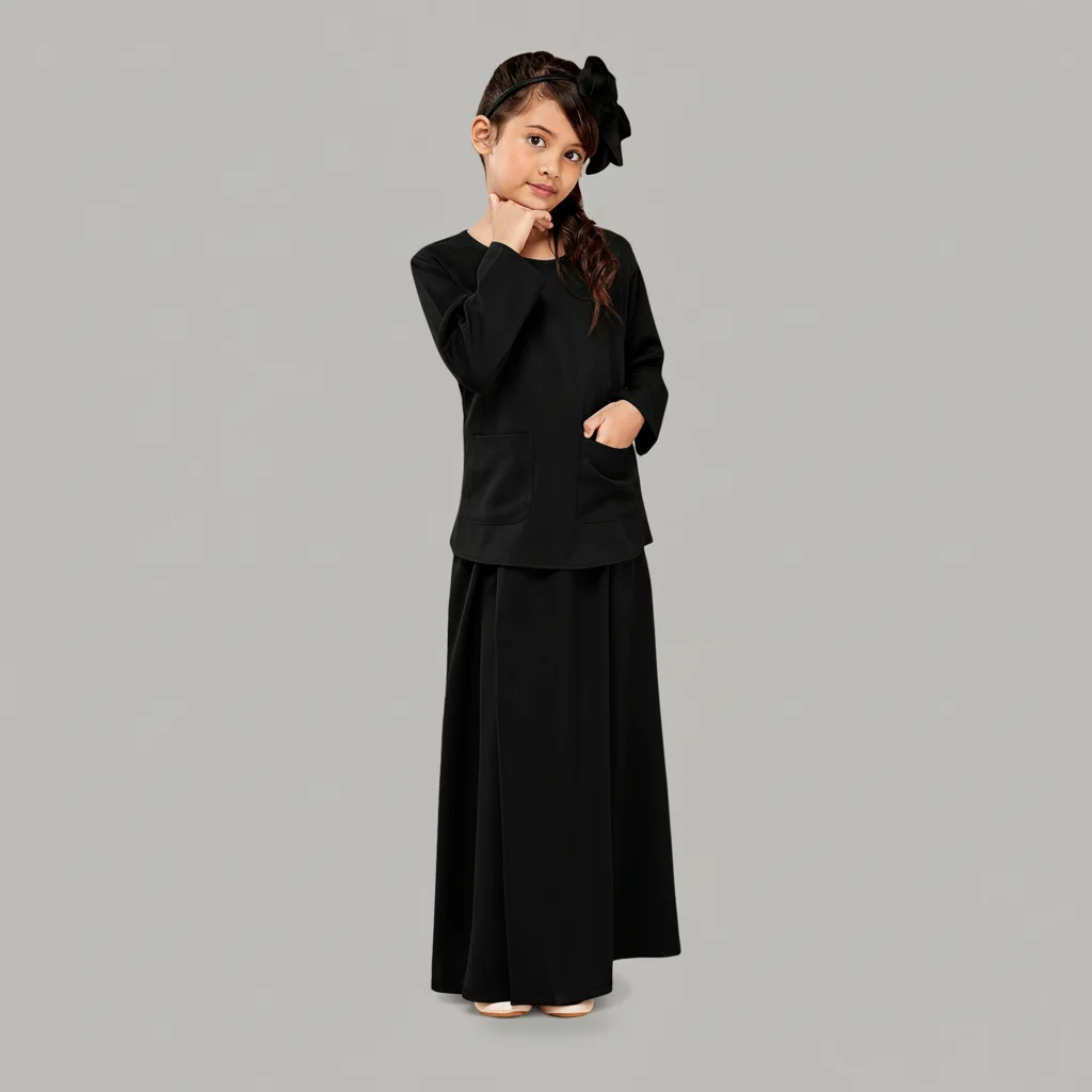 Faizah Black Kids Abaya with Pockets: 2 Piece Top and Skirt Set (5 to 14 Years)