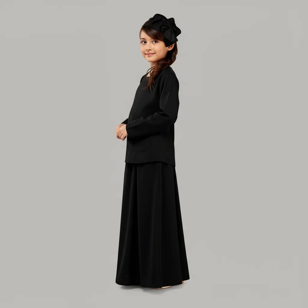 Faizah Black Kids Abaya with Pockets: 2 Piece Top and Skirt Set (5 to 14 Years) Image 2