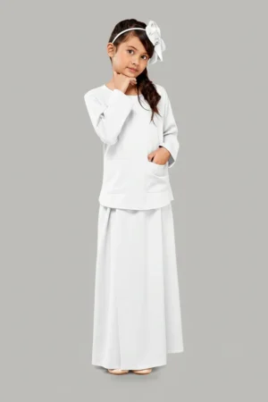 Faizah White Kids Abaya with Pockets: 2 Piece Top and Skirt Set (5 to 14 Years)