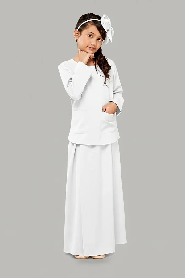 Faizah White Kids Abaya with Pockets: 2 Piece Top and Skirt Set (5 to 14 Years)