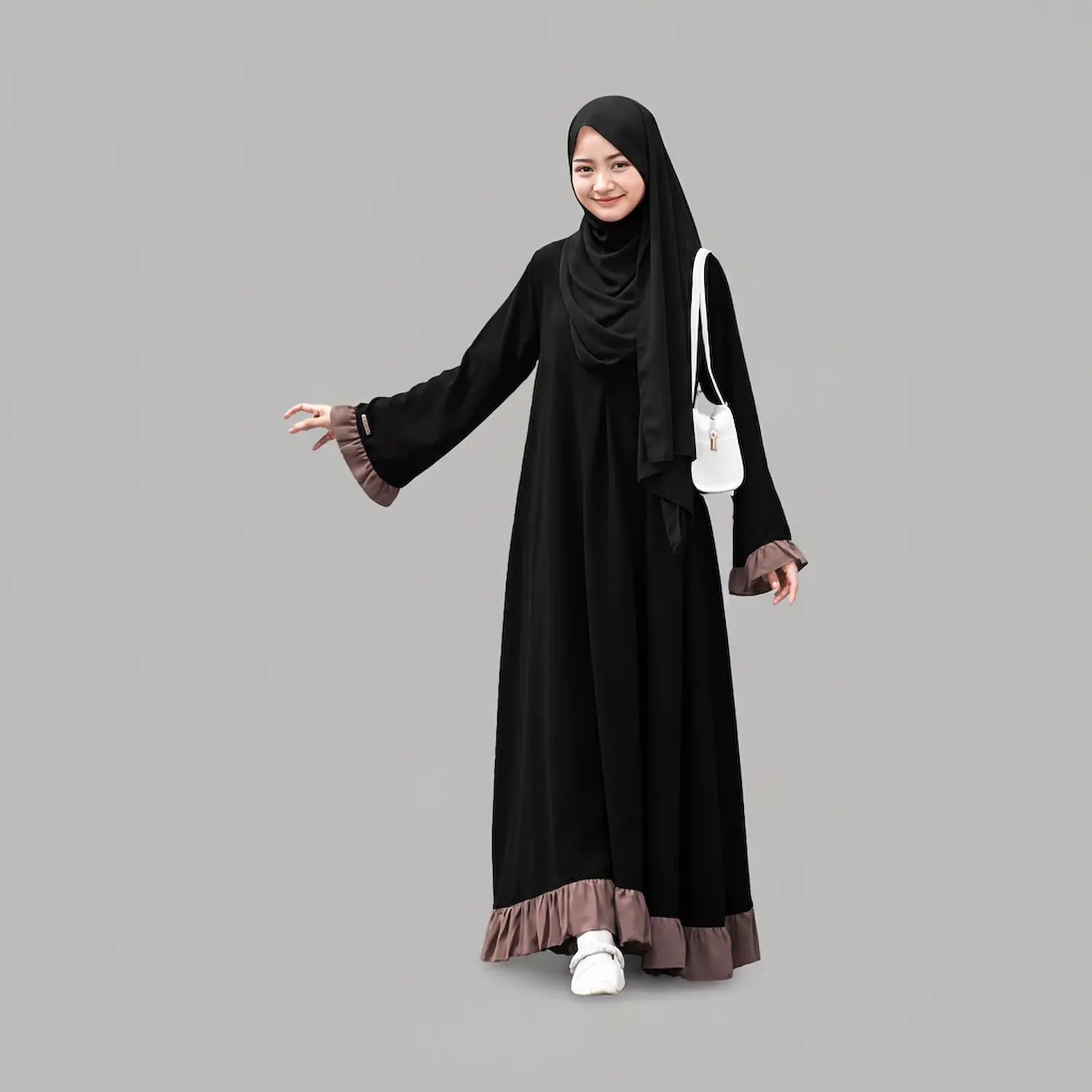 Beige frill abaya for women with contrast frill panels in Nida Matte, Aline fall