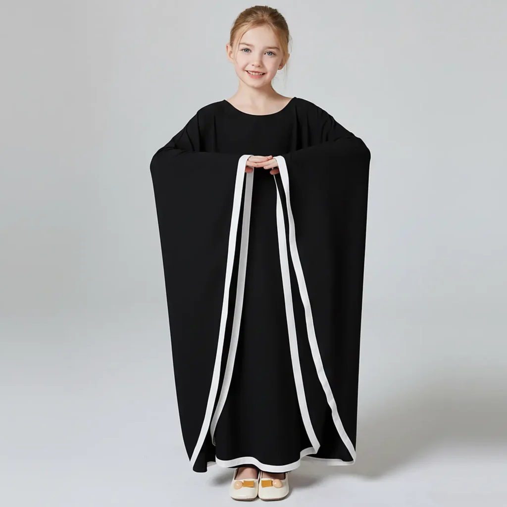 Black Cape Abaya for Kids Nida Matte fabric close up Black Cape Abaya for Kids Nida Matte fabric close up