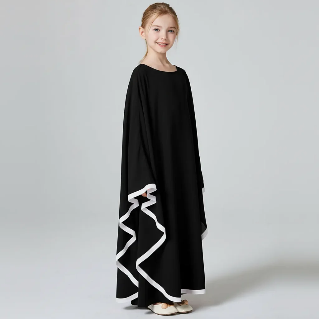 Black Cape Abaya for Kids styling and drape detail Black Cape Abaya for Kids styling and drape detail